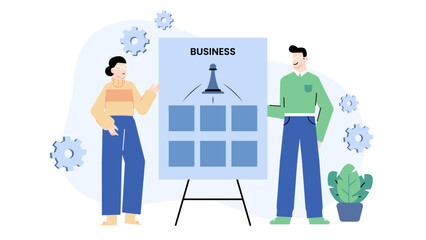 Two people discussing business strategy on a whiteboard, suitable for presentations, business articles, marketing materials, and educational resources.