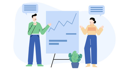 Man and woman presenting a chart in a professional business meeting. Suitable for presentations, reports, marketing materials, and financial communication.