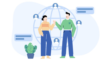 Two people shaking hands in front of a globe, symbolizing global business deals, agreements, partnerships, teamwork, international cooperation.