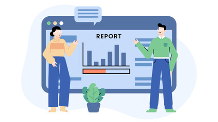 Two people showcasing a bar graph report, suitable for business presentations, financial reports, team meetings, and data analysis concepts.