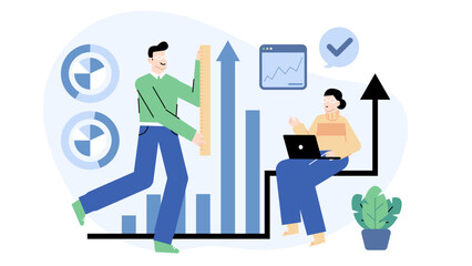 Two people analyzing data charts and graphs. Suitable for presentations, reports, business concepts, analytics, teamwork, and financial planning concepts.