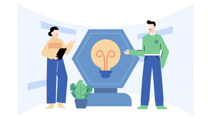 Two people stand near a large lightbulb illustration, representing teamwork, innovation, creativity. Suitable for business concepts, ideas, brainstorming.