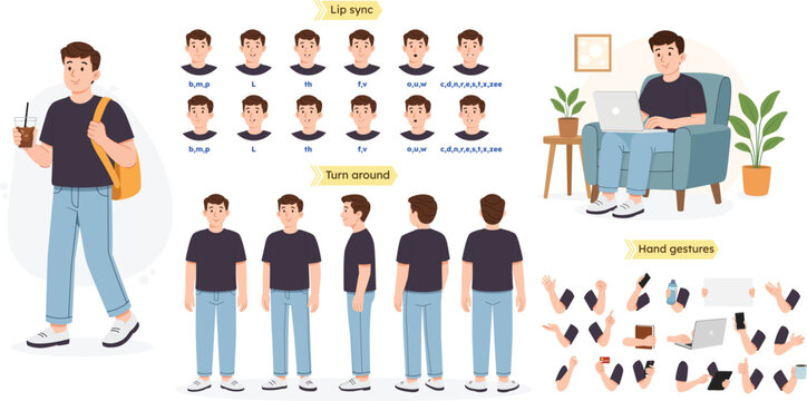 Young Man Character Constructor. Casual Guy Character Creator Kit. A Flat Style Man Character Model Sheet with Lip Sync, Turnaround, Poses & Hand Gestures for Animation and Explainer Videos.