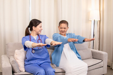 Senior patient doing arm stretching exercise with nurse in home setting, smiling and engaging in active elderly wellness session with support and care, healthcare, caregiver, take care, medical.