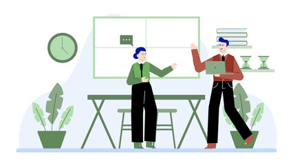 Two people standing near a table, engaged in conversation. Suitable for blog posts, articles, or social media content about communication.