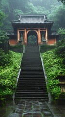 Misty mountain temple stairs.