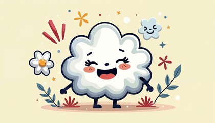 Obraz premium Happy cartoon cloud character with flowers and cheerful elements on a soft background for kids