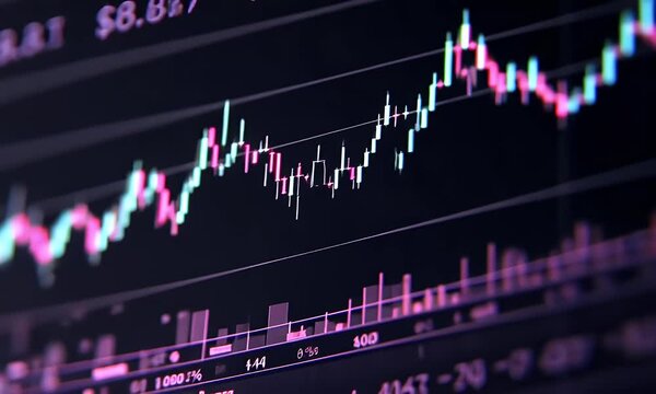 A stock market graph with an uptrending line, showing the trading data of a global company and its setup to go upwards. The background is dark and blurry, highlighting only elements related to stock 
