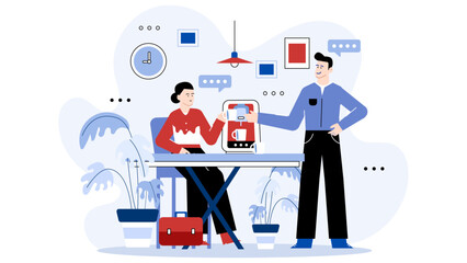 Woman in a red shirt sits at a table with a man. Suitable for relationship, communication, dining, and business concepts.
