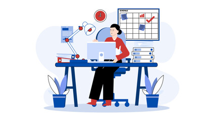 Person at desk with computer, lamp, and schedule board. Suitable for work, productivity, organization, and time management concepts.