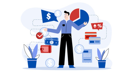 Man holding a pie chart surrounded by dollar signs, ideal for financial presentations, business reports, market analysis, and investment concepts.