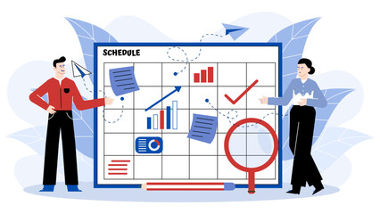 Two people analyzing schedule with graphs using magnifier. Suitable for business presentations, market analysis reports, teamwork concepts, and financial articles.