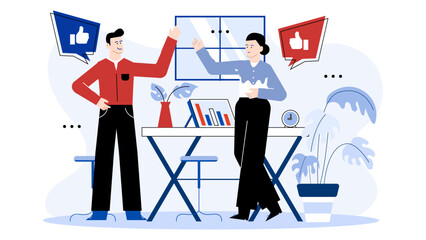 Two colleagues cheering each other with thumbs up gesture. Suitable for workplace motivation, success, teamwork, office environment, and congratulatory concepts.