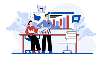 Illustration of two individuals analyzing a chart at a table. Ideal for business presentations, data analysis visuals, and financial reports.
