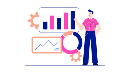 Man presenting charts and graphs in a business meeting, analyzing strategy and market trends
