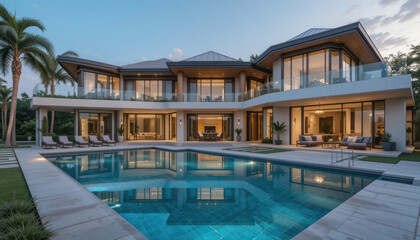 Obraz premium Modern backyard pool, patio, and lawn design 