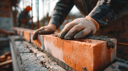 A mason laying bricks to build a wall, with a focus on the cement and mortar application in the construction site.
