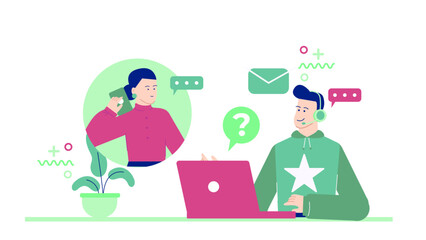 Man with a headset communicating with a woman on the phone. Virtual assistant helping with business task. Suitable for business communication and customer service concepts.