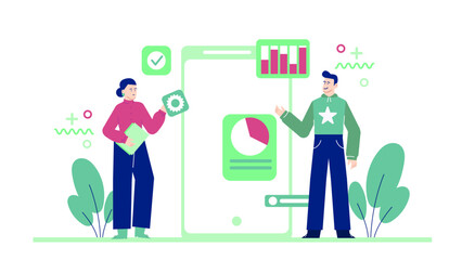 Two people discussing phone app with charts; suitable for technology, communication, business, and finance concept illustrations or articles.