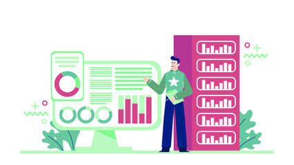 Man presenting data on a computer screen. Suitable for technology, business, data analysis, presentations, reports, statistical analysis, corporate.
