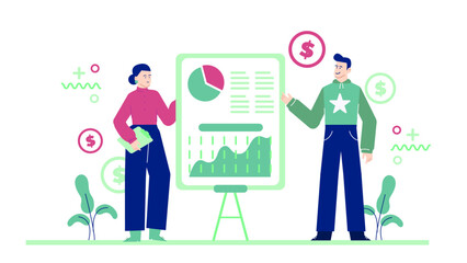 Two people presenting financial data on a whiteboard, suitable for business presentations, finance blogs, educational materials, and marketing.