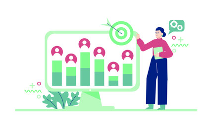 Woman analyzing data on computer with bar graph and target, suitable for technology or business concept designs and presentations.