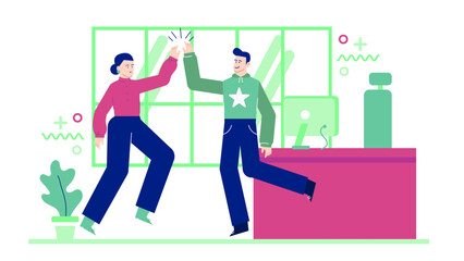 Two people high five in an office, suitable for teamwork, success, celebration, business, collaboration, partnership, office culture, motivation visuals.
