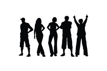 Silhouette Vector Collection of Standing Men and Women in Diverse Poses with Raised Hands and Side Profiles Business Team Concept Isolated on White Background