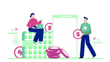 Two people, large smartphone, money perfect for illustrating mobile banking, finance apps, or digital payment concepts in design projects.