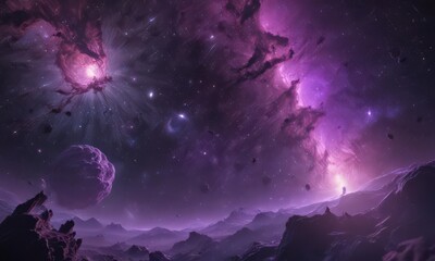 Obraz premium Purple cosmic backdrop, glowing nebulae, dense starfield , astronomical object, astrophotography, Purple nebula