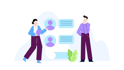 Two people discussing by a whiteboard in a meeting room. Suitable for business presentations, educational materials, corporate communication themes.