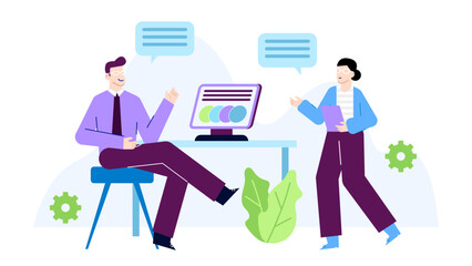 Two people discussing a chart on a computer screen, suitable for business meetings, teamwork, technology, data analysis concepts.