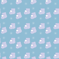 Cozy booties with snowflakes decor and buboes Seamless Pattern in trendy lavender on blue Background