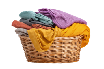 Colorful stack of laundry in wicker basket on white background, cut out