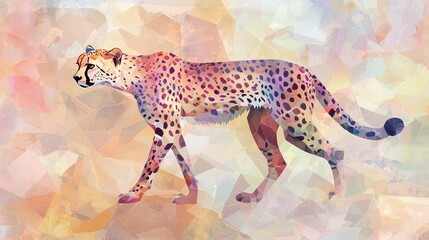A cheetah captured in an abstract, fragmented form with geometric pastel shapes in soft tones like lavender, mint, and peach.