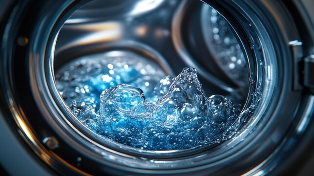 Washing machine drum filled with water and bubbles