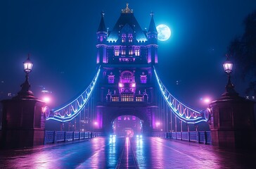 Obraz premium Tower bridge london night neon lights full moon