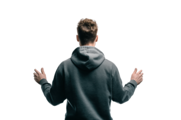 Caucasian young male in hoodie facing away with raised hands gesture, cut out