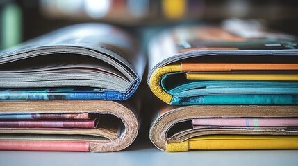 Stacked open magazines and books