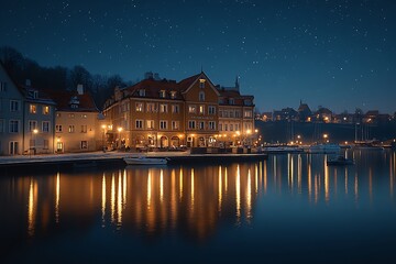 Naklejka premium Night in gdansk, poland, starry sky, waterfront buildings