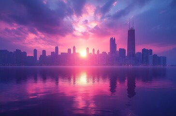 Obraz premium Vibrant city skyline sunrise reflection purple hues
