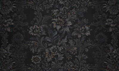 Deep charcoal floral wallpaper, embossed texture, ornate pattern , grey background, black background, bloom
