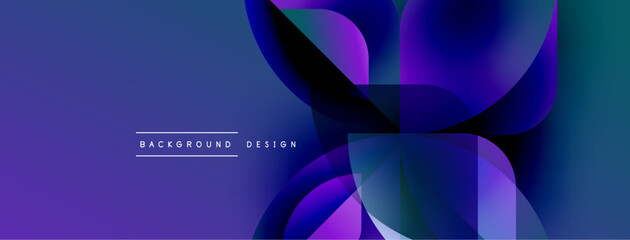 Abstract fluid shapes overlap, creating vibrant blue purple gradients. Modern design suggests technology, innovation, dynamic movement.