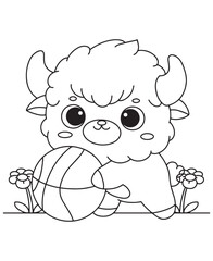 Coloring book cow happily playing with a basketball amidst cute flowers