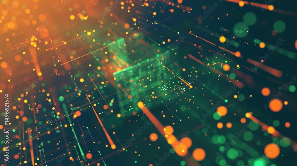 Poster abstract green orange particle in geometric shape represent data flow. vivid flowing object with hig