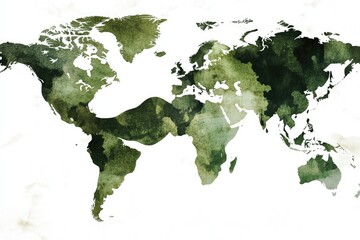 World map, muted olive green watercolor effect