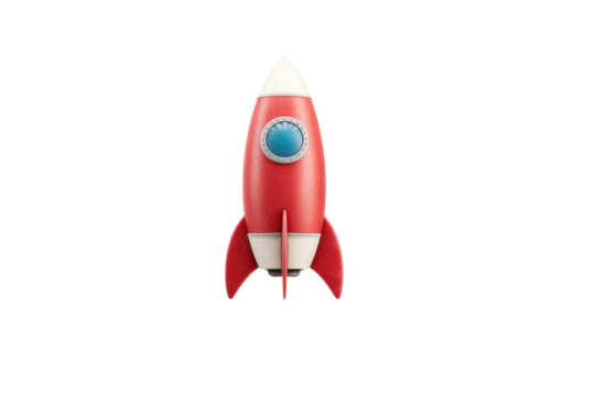 Red and white toy rocket with blue window on black background, cut out