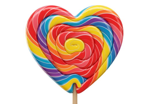 Realistic vibrant heart-shaped rainbow lollipop with swirling multicolored stripes, glossy candy texture, fun and sweet treat, isolated on transparent background.	
