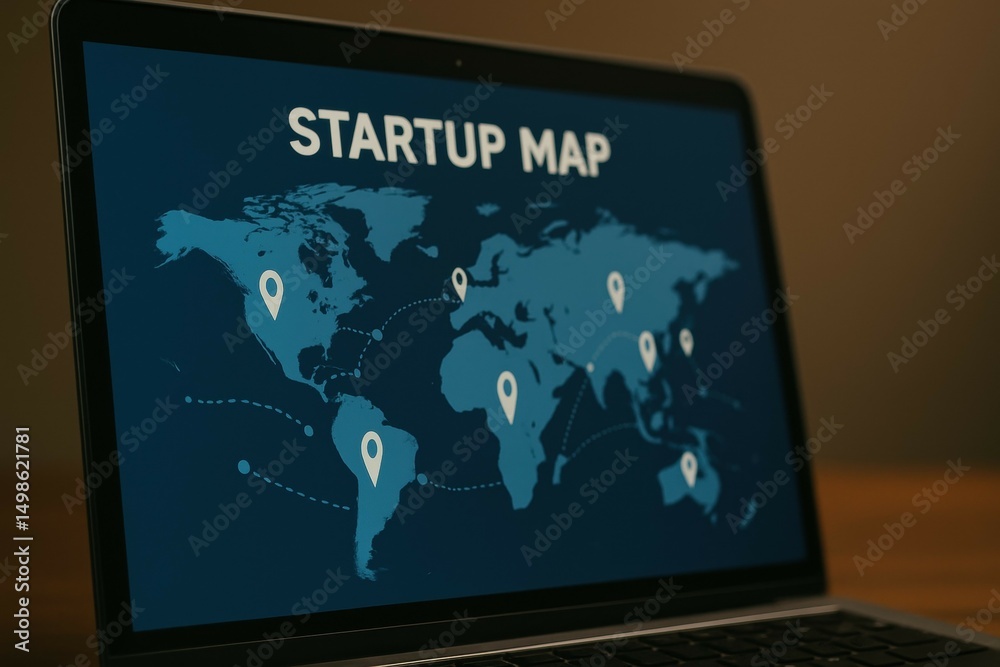 Poster global startup map displayed on laptop with location pins and world background design