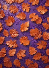Crisp metallic orange leaves, artistic violet setting  Intricate leaf pattern, textured detail , beauty, wallpaper